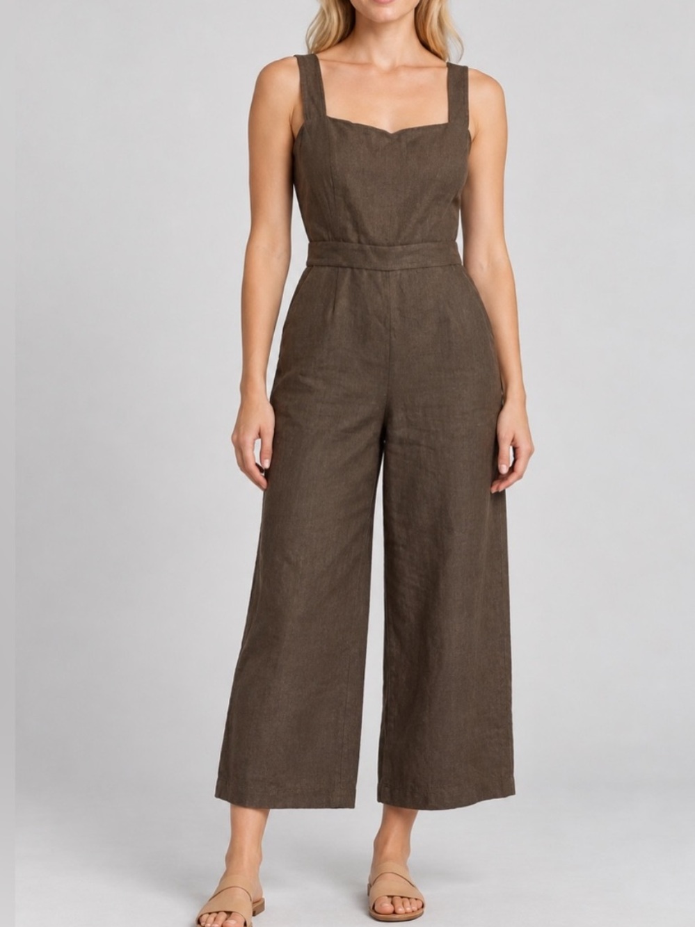 VETTA Brown 100% Linen Tie Back Wide Leg Cropped Jumpsuit 2 34722